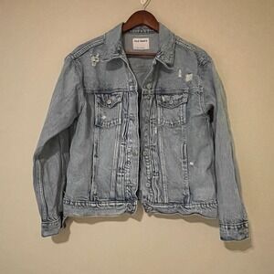 Old Navy Denim Jacket Women's L Relaxed Classic Light Wash‎ Distressed EUC